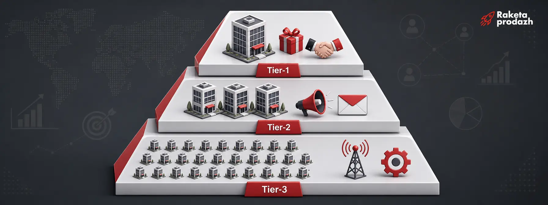 ABM channel selection by account tier — Pyramid diagram of ABM channel distribution across Tier-1, Tier-2, Tier-3 accounts