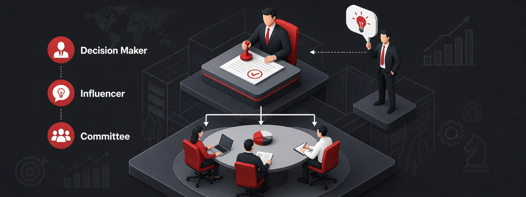 who is the decision maker — Illustration showing the difference between the decision maker, the influencer, and a collective decision-making body