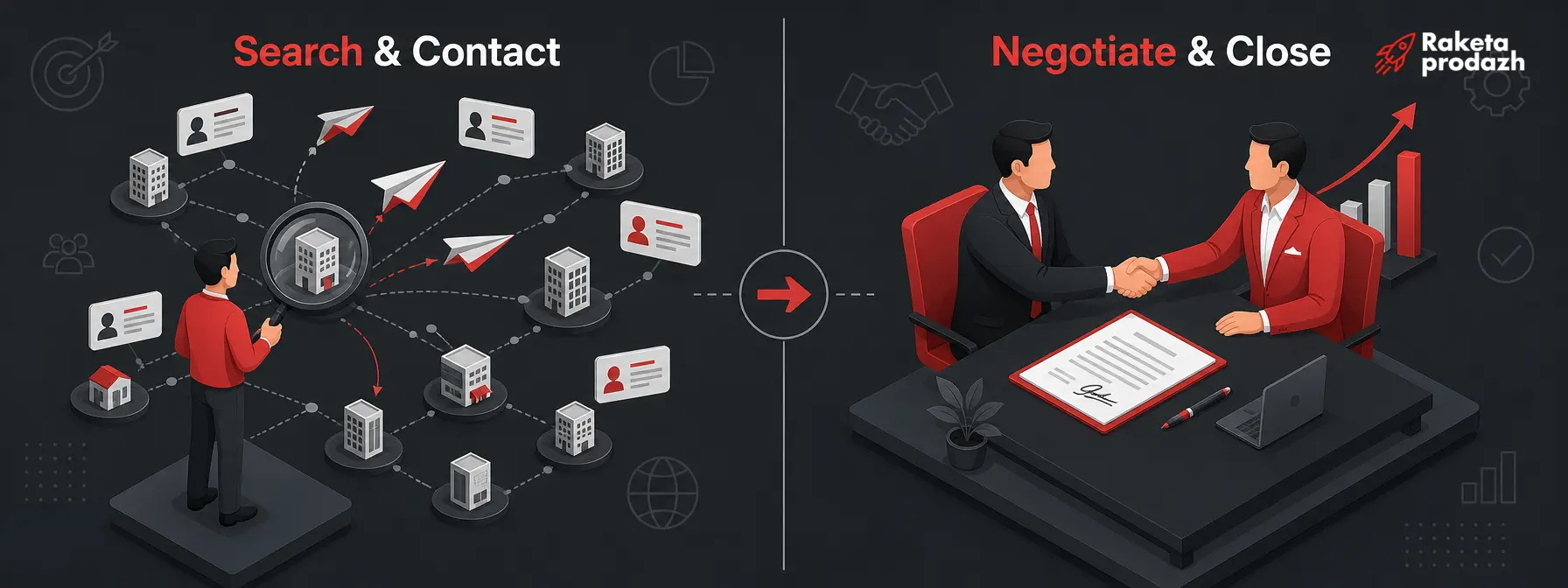 lead generator vs sales manager — Comparison of roles: lead generator searching contacts, sales manager closing a deal