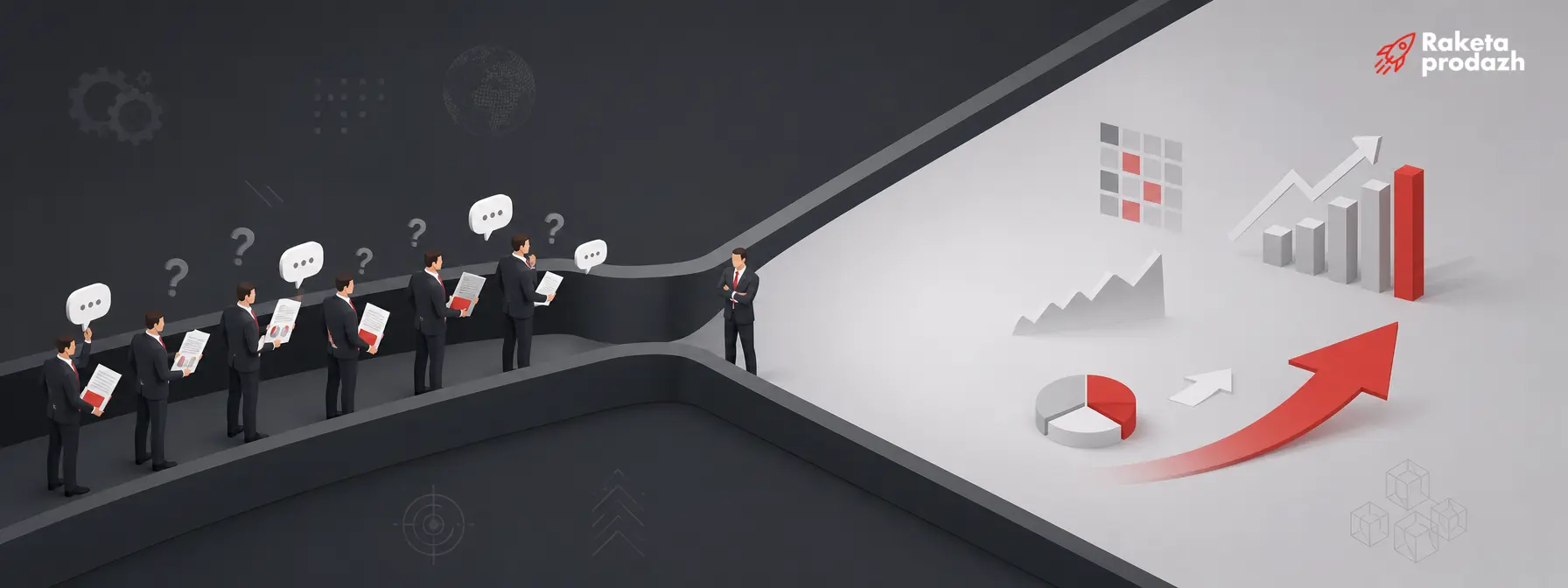 owner as bottleneck in sales — Business owner as a bottleneck in sales, surrounded by a queue of managers waiting for decisions