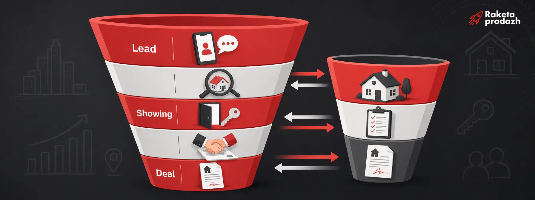 real estate agency sales funnel — Diagram of a real estate agency sales funnel with stages for buyers and property owners