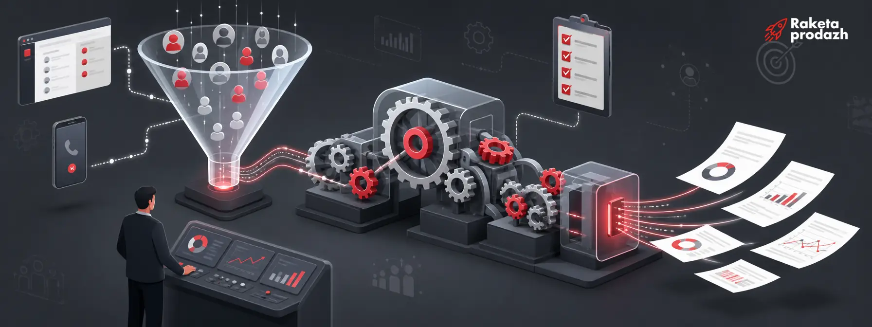 sales control system — Automated sales control system with funnel and gears