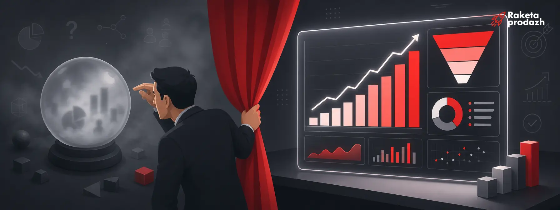 sales forecast and analytics — Comparison of a foggy sales forecast versus a clear analytics dashboard