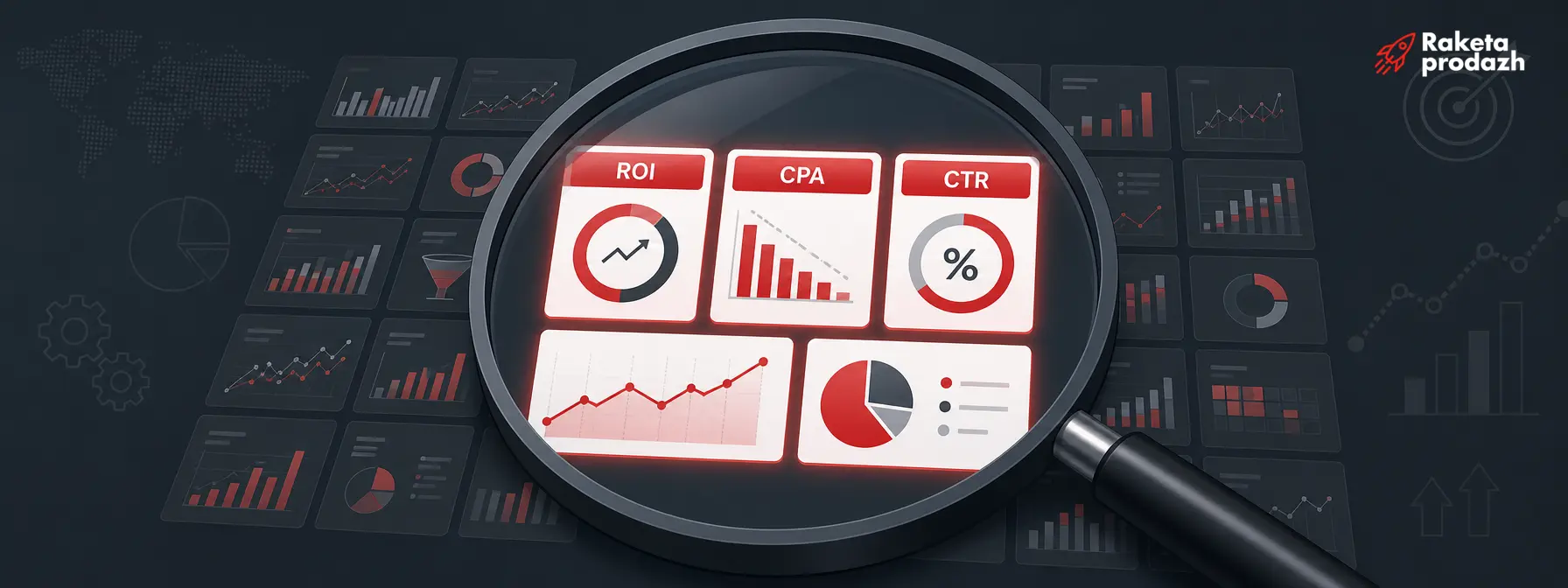Dashboard with key marketing and sales metrics highlighted under a magnifying glass marketing and sales report metrics — Dashboard with key marketing and sales metrics highlighted under a magnifying glass