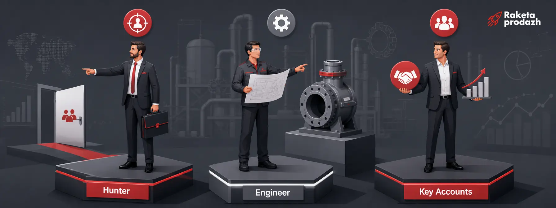 sales roles in manufacturing — Three key sales roles in a manufacturing company: hunter, sales engineer, and key account manager