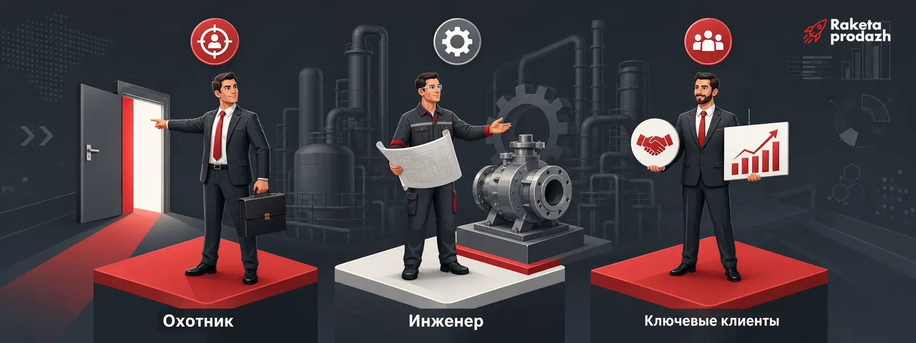 роли в отделе продаж на производстве — Три ключевые роли отдела продаж на производстве: охотник за клиентами, технический специалист и менеджер по ключевым клиентам