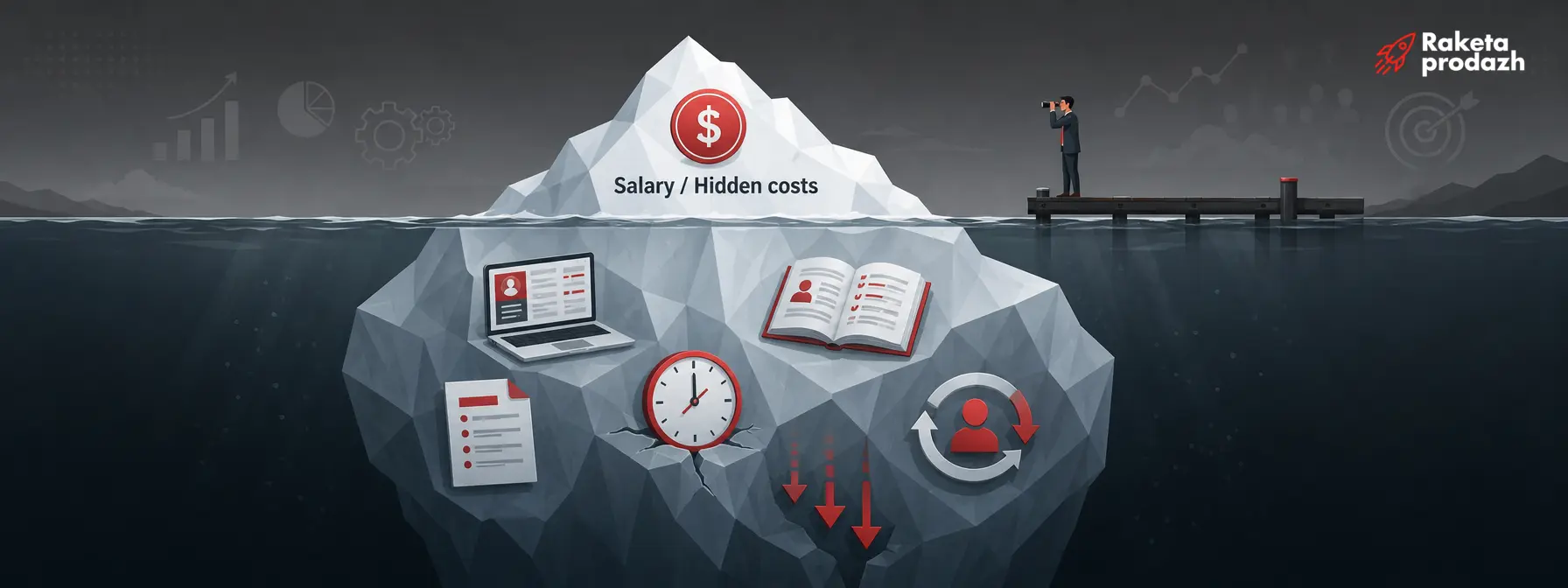 sales department costs — Iceberg of sales department costs: visible salary tip and hidden expenses below water