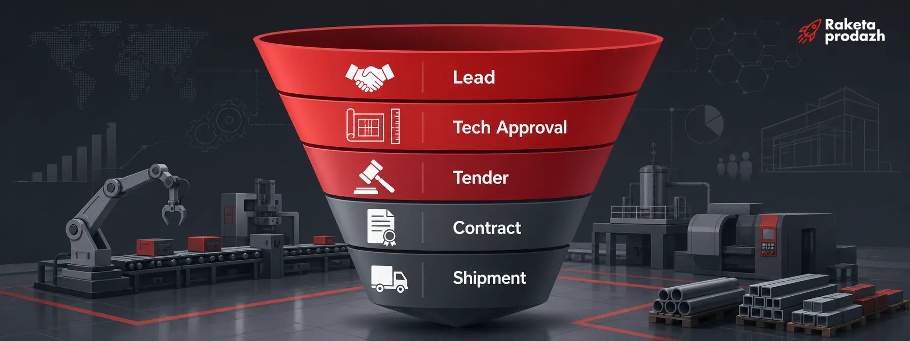 manufacturer sales funnel — Diagram of a manufacturer's sales funnel with stages from lead to shipment