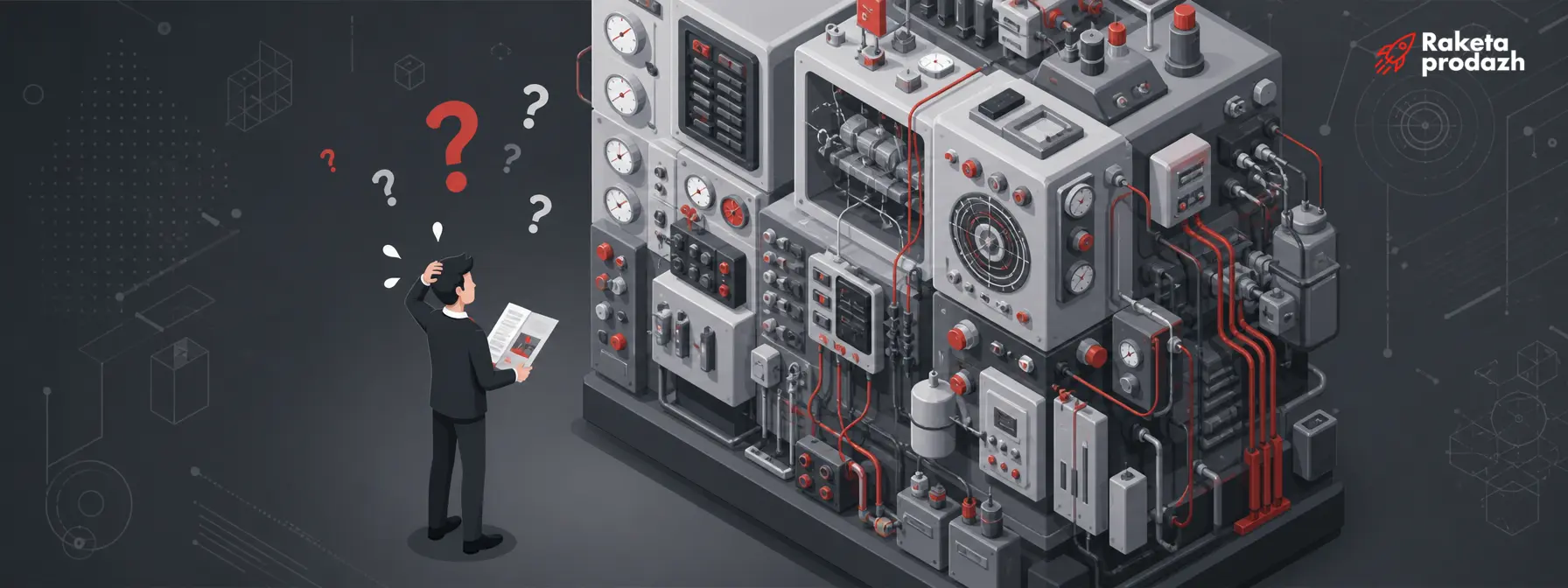 why sales managers struggle selling technical products — Confused salesperson facing complex technical equipment