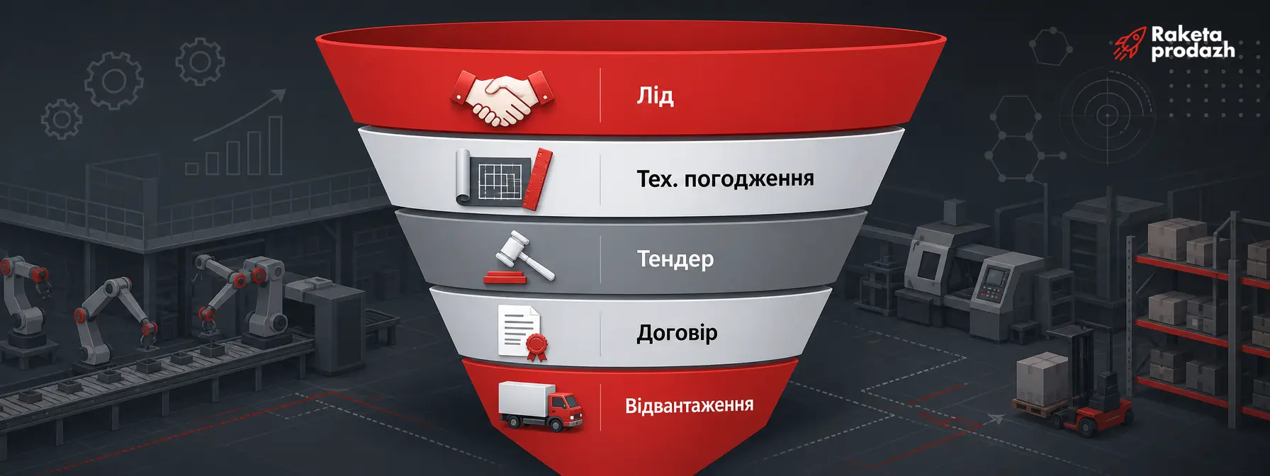 воронка продажів виробника — Схема воронки продажів виробника з етапами від ліда до відвантаження