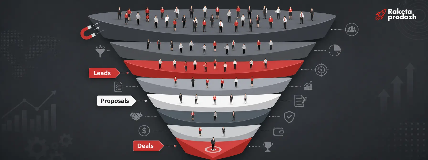 Example of a B2B sales funnel narrowing at each stage B2B sales funnel — Example of a B2B sales funnel narrowing at each stage
