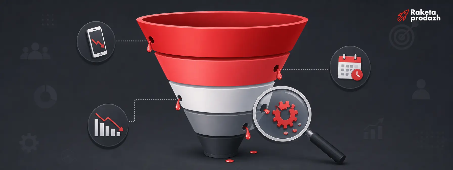 sales dips — Sales funnel with leaks at different stages showing where dips occur