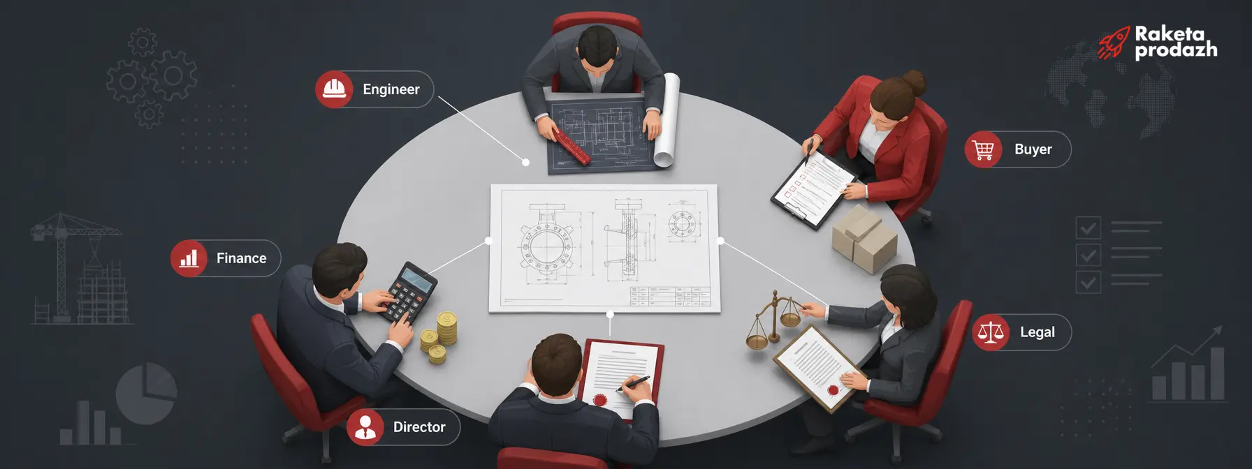 identifying decision makers — Group of decision influencers gathered around a technical document