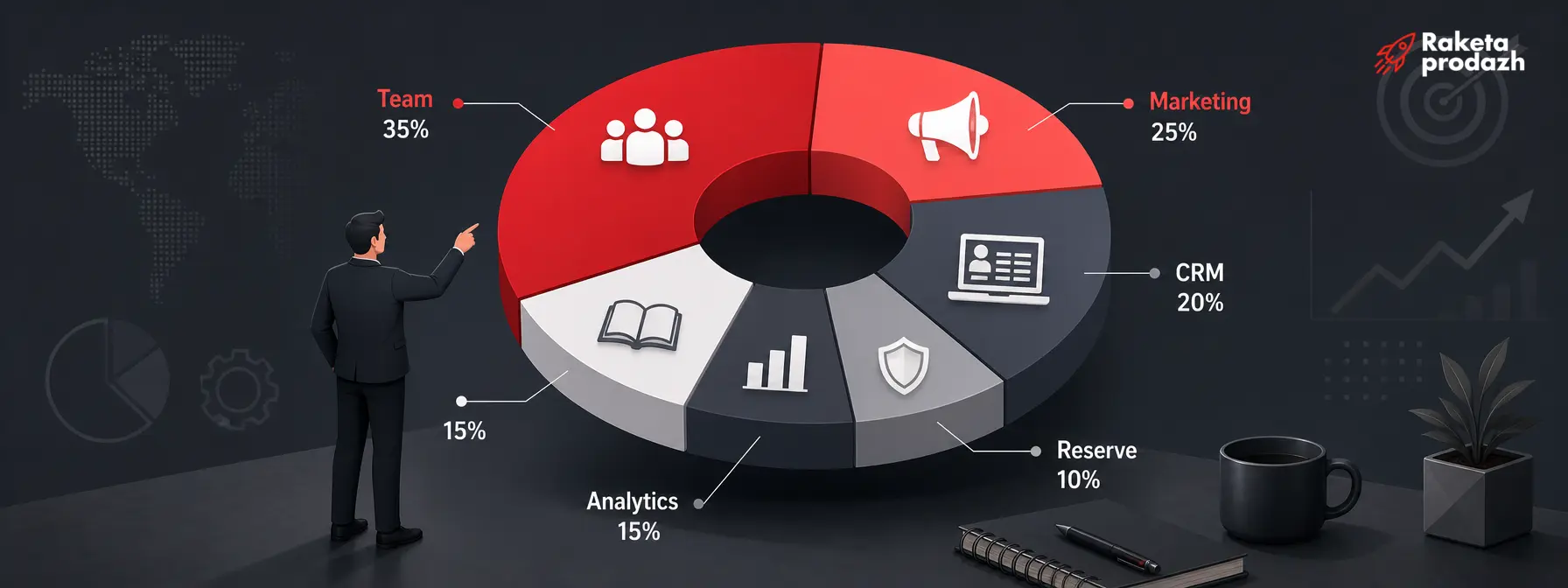 sales department budget distribution — Pie chart of sales department budget distribution across expense categories