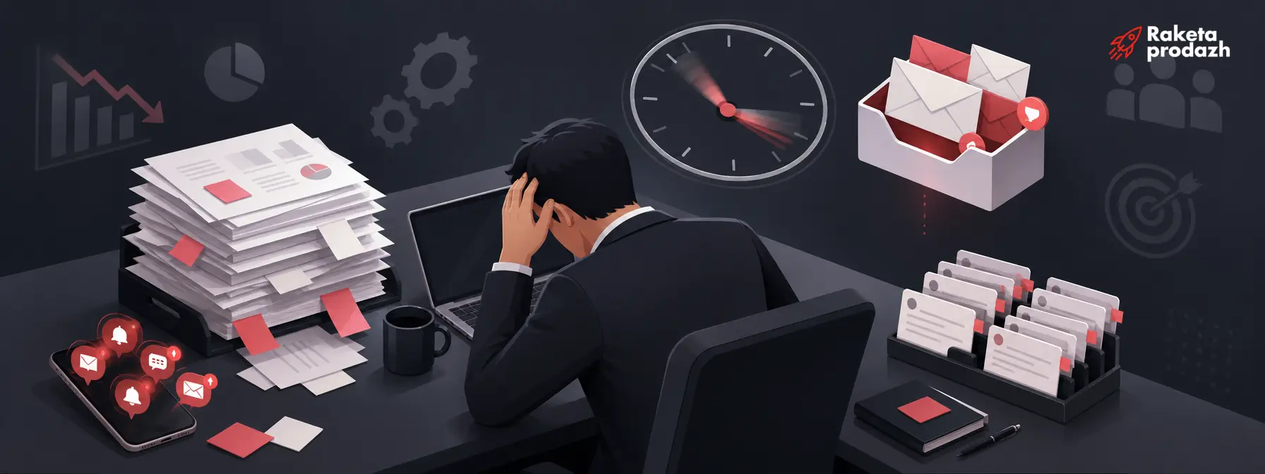 sales manager overload — Signs of an overloaded sales manager surrounded by piling tasks and unanswered notifications