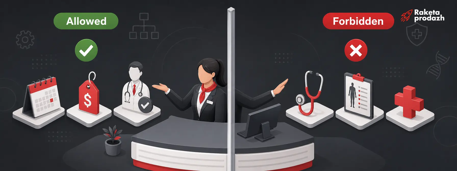 Diagram of allowed and forbidden actions for a clinic receptionist what a clinic receptionist can sell — Diagram of allowed and forbidden actions for a clinic receptionist