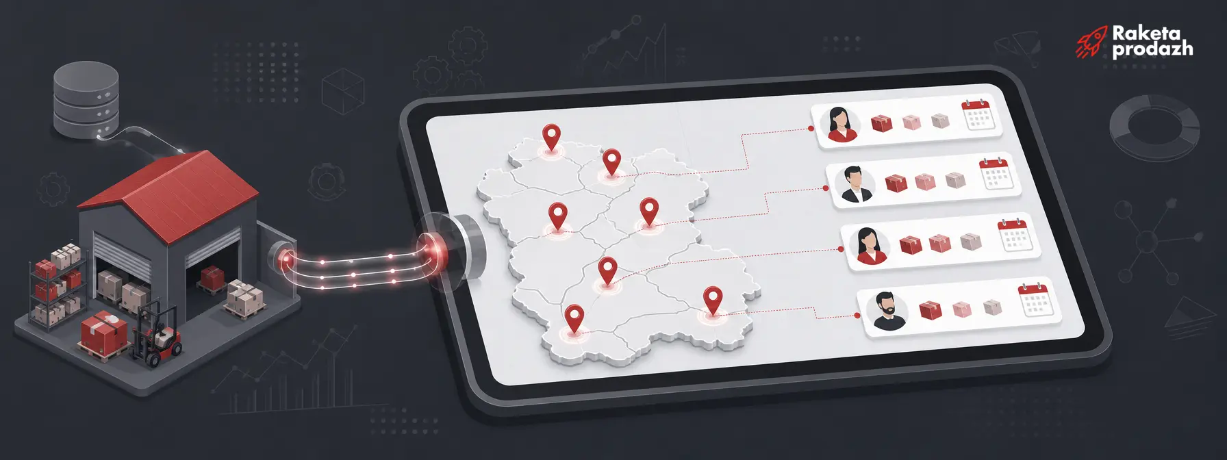 CRM для дилерской компании — Иллюстрация CRM-системы как цифровой карты клиентской базы и территории дилера