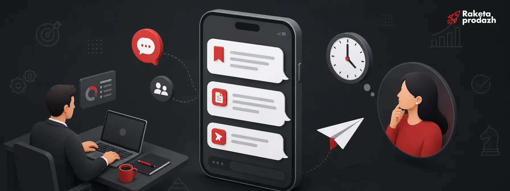 A manager guides a client in a messenger with a message built from context, value and action following up with a client in chats and messengers — A manager guides a client in a messenger with a message built from context, value and action